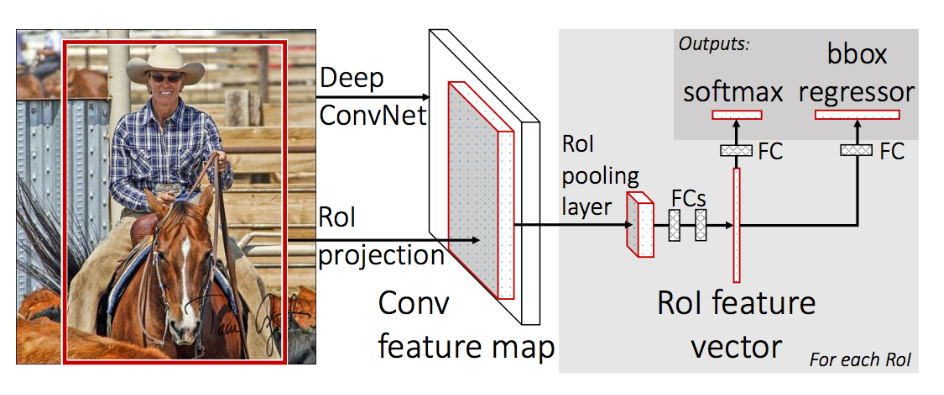 Kiến trúc single model Fast R-CNN (được trích xuất từ bài báo gốc). Ở bước đầu ta áp dụng một mạng Deep CNN để trích xuất ra feature map. Thay vì warp image của region proposal như ở R-CNN chúng ta xác dịnh ngay vị trí hình chiếu của của region proposal trên feature map thông qua phép chiếu RoI projection. Vị trí này sẽ tương đối với vị trí trên ảnh gốc. Sau đó tiếp tục truyền output qua các layer RoI pooling layer và các Fully Connected layers để thu được RoI feature véc tơ. Sau đó kết quả đầu ra sẽ được chia làm 2 nhánh. 1 Nhánh giúp xác định phân phối xác suất theo các class của 1 vùng quan tâm RoI thông qua hàm softmax và nhánh còn xác định tọa độ của bounding box thông qua hồi qui các offsets.