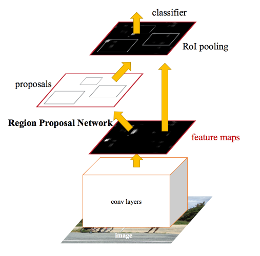 Kiến trúc mô hình Faster R-CNN (được trích xuất từ bài báo gốc). Ở giai đoạn sớm sử dụng một mạng deep CNN để tạo ra một feature map. Khác với Fast R-CNN, kiến trúc này không tạo RoI ngay trên feature map mà sử dụng feature map làm đầu vào để xác định các region proposal thông qua một RPN network. Đồng thời feature maps cũng là đầu vào cho classifier nhằm phân loại các vật thể của region proposal xác định được từ RPN network.